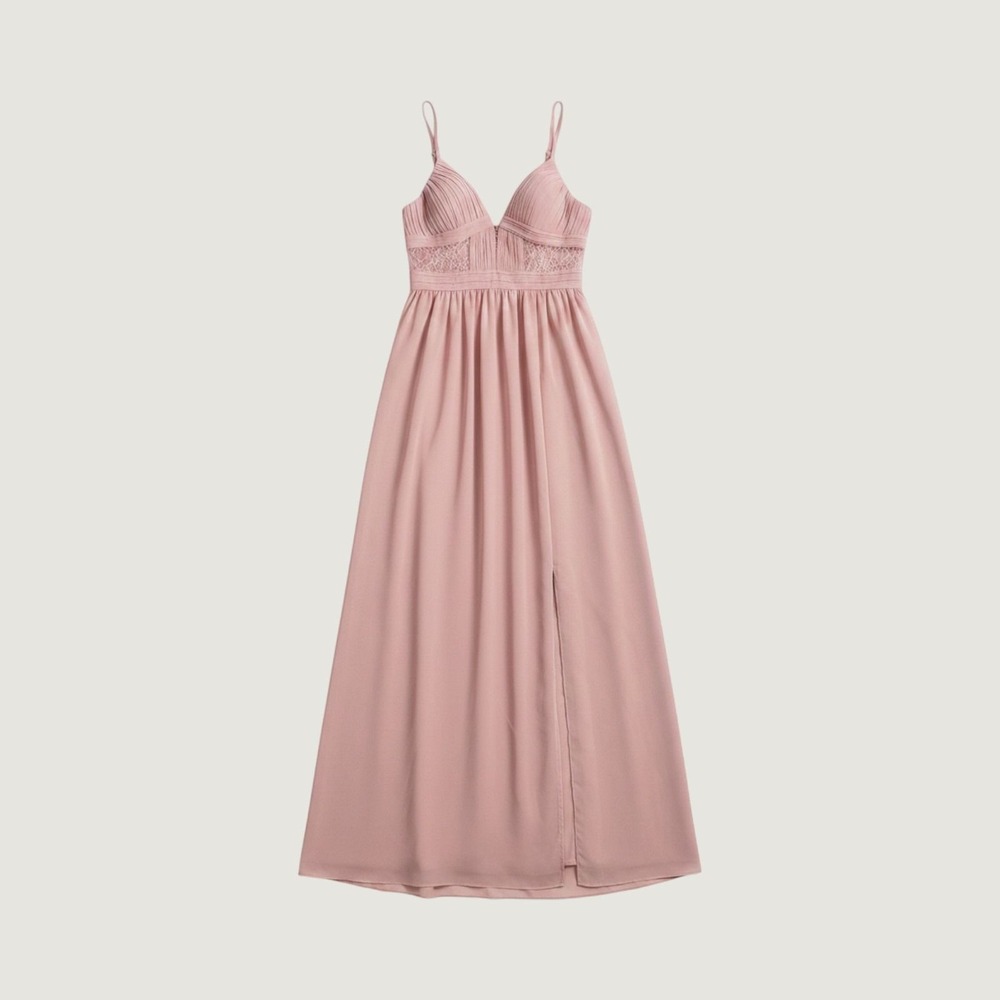 Azazie Maxi Dress Womens Custom Pink Lace Waist Pleated Bridesmaid Gown